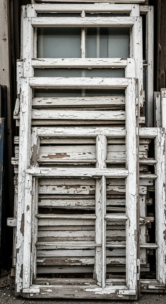 Nahaufnahme eines Stapels alter, weiß gestrichener Holzfensterrahmen mit schmutzigem, rissigem Glas und abblätternder Farbe, die in einem verlassenen Zustand übereinander liegen. Sie werden gebraucht, um ein Hochbeet selber zu machen.