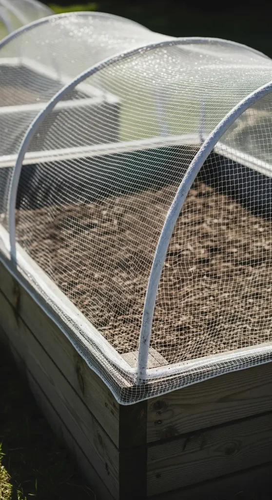 Ein Hochbeet aus dunklem Holz, das komplett von einem feinen, weißen Insektennetz überzogen ist, welches die Pflanzen im Inneren vor Insekten bewahrt.